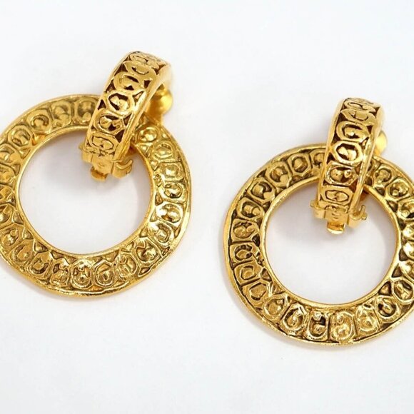 CHANEL 2 way Hoop Dangle Clip-On Earrings Gold Tone Auth #20091 - Picture 3 of 5